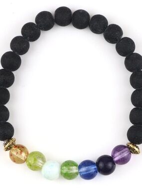 Black Bead Rainbow Accent Stretch Bracelet